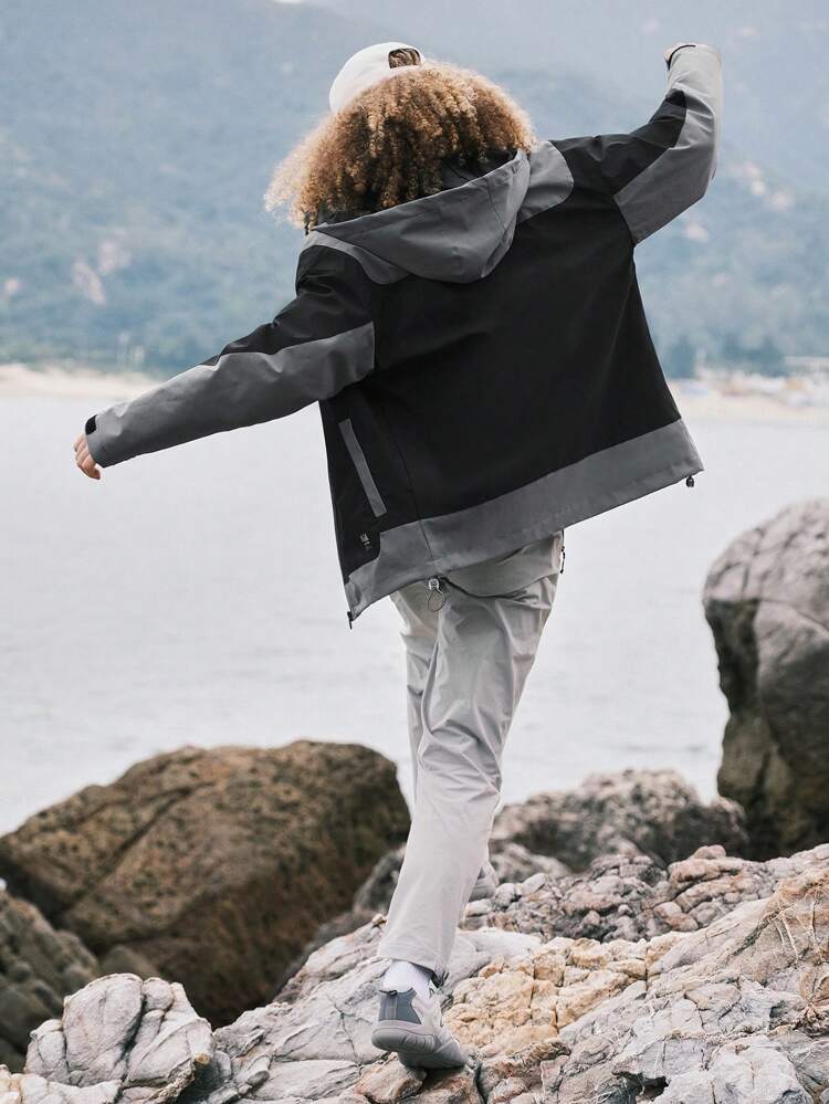 Colorblock Drawstring Hooded Waterproof Outdoor Insulated Jacket