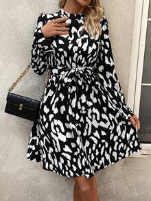 SHEIN LUNE Allover Print Flounce Sleeve Belted Dress - Black - View 6