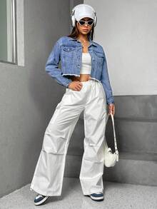 SHEIN PETITE Drop Shoulder Raw Hem Denim Jacket - Medium Wash - View 5