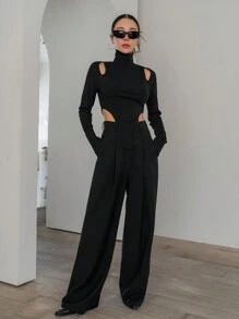 Dazy Designer 镂空高领不对称下摆长袖T恤女式上衣 - 黑色 - 查看 4