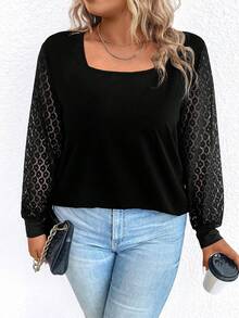 SHEIN LUNE Plus Contrast Lace Lantern Sleeve Square Neck Top - Black - View 7