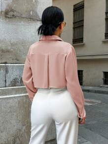 SHEIN PETITE Dual Pocket Cropped Shirt - Pink - View 2