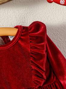 SHEIN 女嬰荷葉邊絲絨娃娃裙 - 玫紅色 - 查看 5