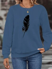EMERY ROSE 羽毛印花落肩套头卫衣 秋季卫衣 - 藍色 - 查看 1