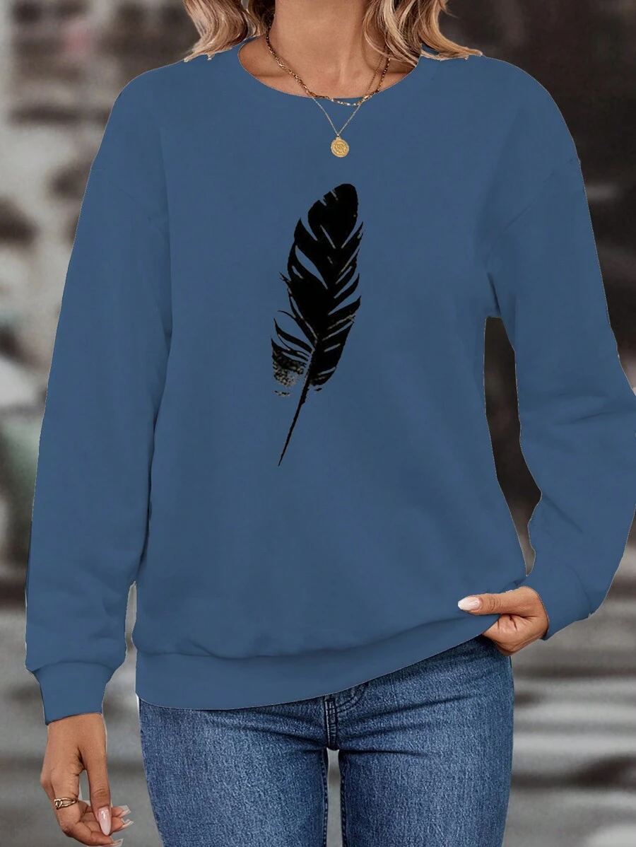 EMERY ROSE 羽毛印花落肩套头卫衣 秋季卫衣 - 藍色 - 查看 1