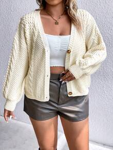 Celure Plus Cable Knit Drop Shoulder Cardigan - Beige - View 4
