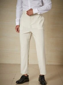 Calvornis Men Plus Slant Pocket Solid Suit Pants - Beige - View 4