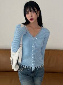 DAZY Solid Distressed Trim Button Front Cardigan,Fall Clothes - Blue - View 5