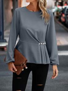 SHEIN Clasi Solid Button Detail Fold Pleated Detail Peplum Blouse Peplum Top - Dusty Blue - View 3