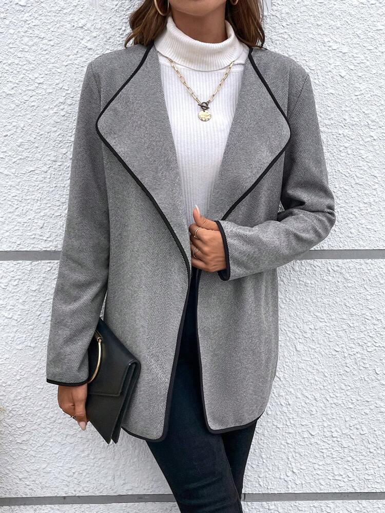 Waterfall Collar Contrast Binding Open Front Overcoat