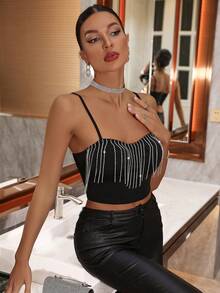 Allurite Rhinestone Fringe Trim Cami Top - Black - View 6