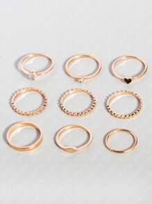 SHEIN Belle 9 cái Heart & Rhinestone Decor Ring - Vàng - Xem 2