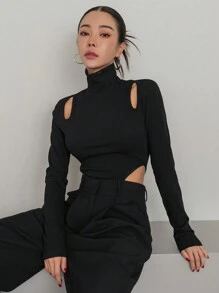 Dazy Designer 镂空高领不对称下摆长袖T恤女式上衣 - 黑色 - 查看 3