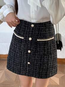 Dazy Star Button Front Tweed Skirt Fall,Winter Plaid - Black - View 2