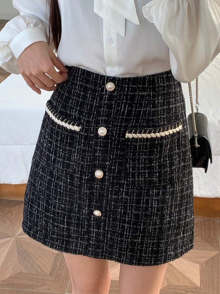 Button Front Tweed Skirt Fall,Winter Plaid