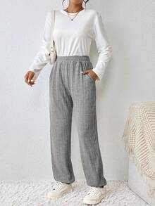 SHEIN LUNE Solid Slant Pocket Elastic Waist Sweatpants - Grey - View 6