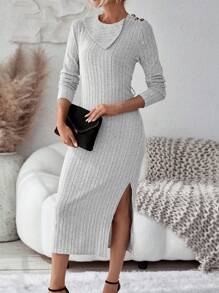 SHEIN Clasi Asymmetrical Neck Split Thigh Belted Dress Fall Cloth For Women - Grey - View 5