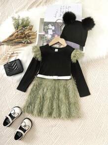 SHEIN Young Girl Two Tone Fuzzy Trim Dress & Hat - Multicolor - View 3
