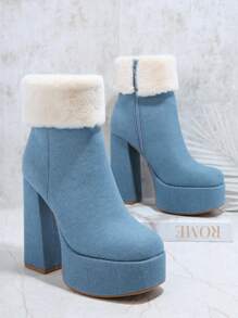 SHUZIA Fuzzy Cuff Zip Up Block Heel Booties - Blue - View 3