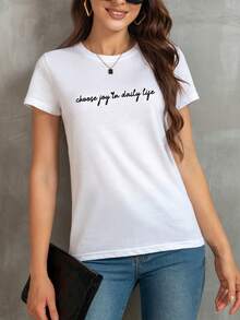 SHEIN EZwear Đồ họa Khẩu hiệu Áo thun - trắng - Xem 6