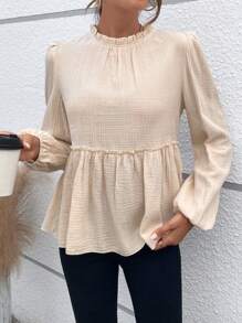 SHEIN Essnce Của phụ nữ Áo sơ mi Với Nếp uốn Vòng cổ Và Xù Hoa Sen - Màu be - Xem 3