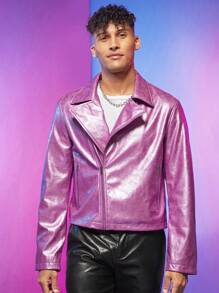 FeverCity Men Lapel Collar Zip Up PU Leather Moto Jacket