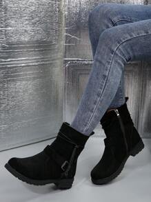 Side Zipper Buckle Strap Short Boots, Black - Black - View 2