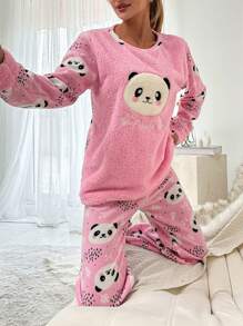 RueChic Panda & Letter Embroidery Flannel PJ Set - Multicolor - View 4