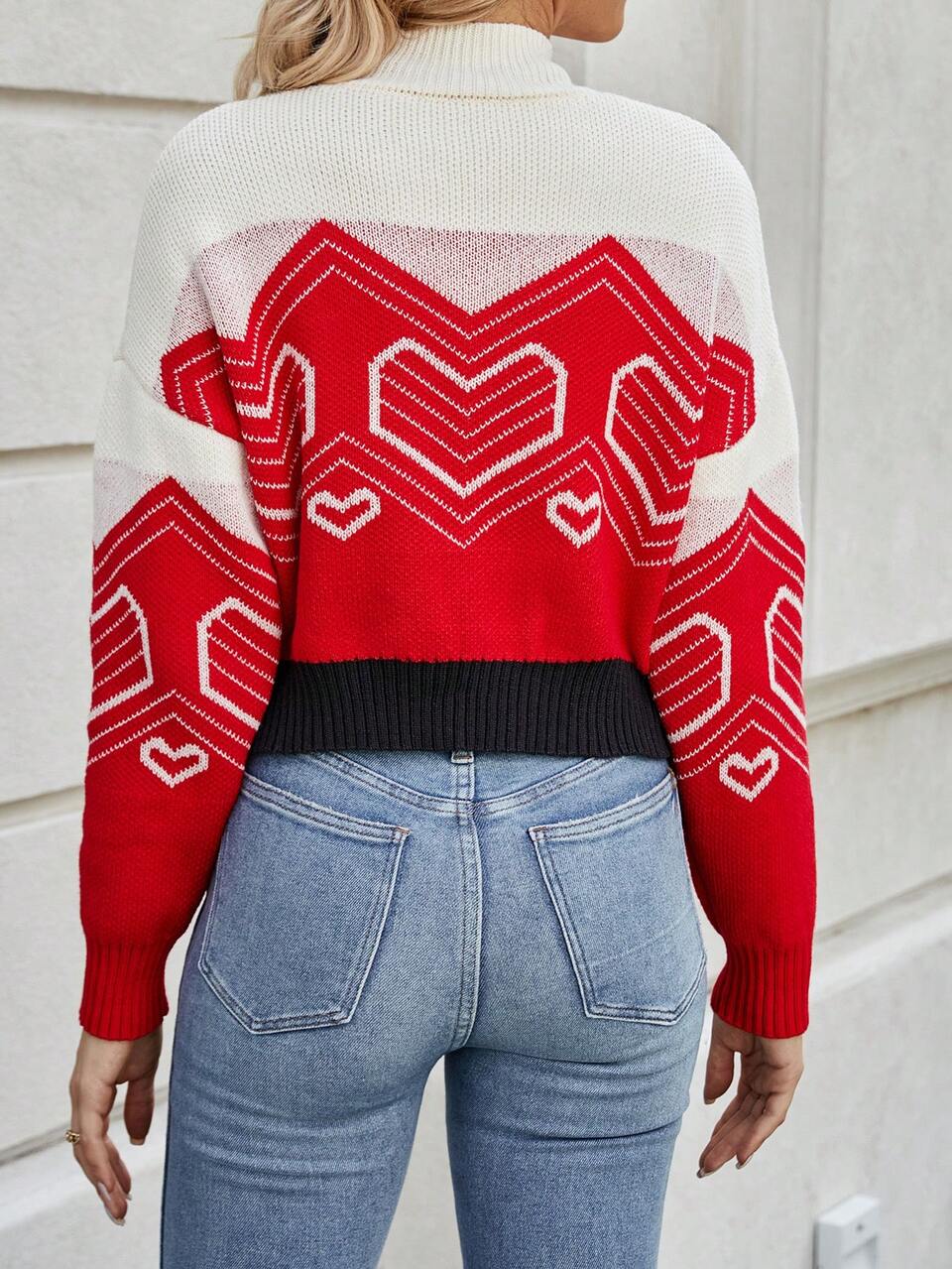 Heart Pattern Mock Neck Drop Shoulder Knit Pullover Fall Winter Sweater