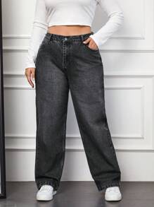 EURMUSE Plus Size  Wide Leg Washed Denim Jeans - Dark Grey - View 1
