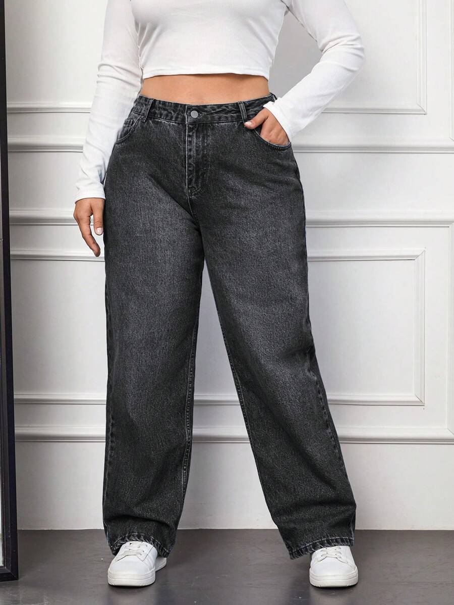 EURMUSE Plus Size  Wide Leg Washed Denim Jeans - Dark Grey - View 1