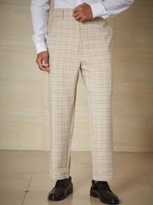 Calvornis Men Plus Plaid Print Slant Pocket Suit Pants - Khaki - View 5