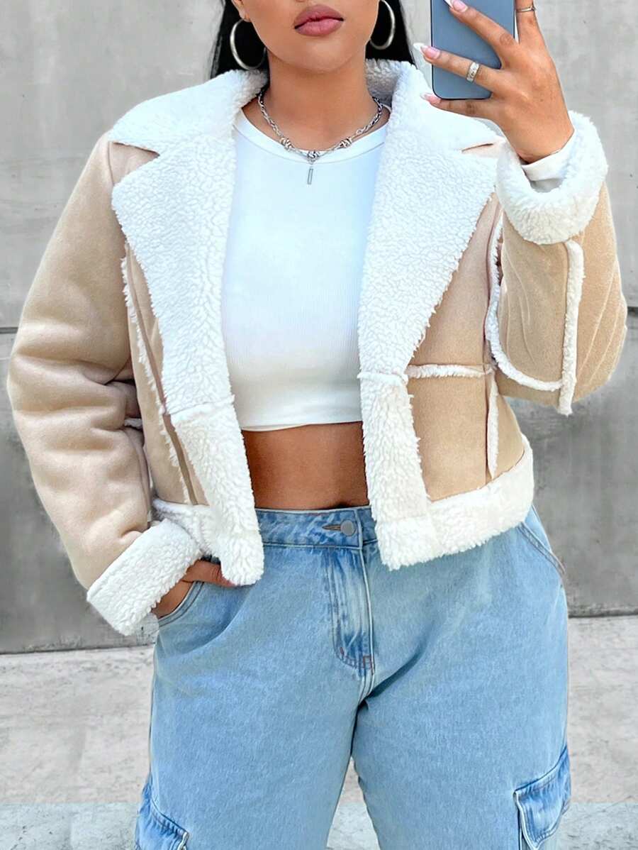 Flirla Plus Teddy Lined Zip Up Moto Jacket, For Winter - Multicolor - View 1