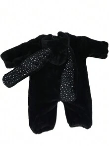 Baby Girl 3D Ear Design Hooded Teddy Jumpsuit - Black - View 2