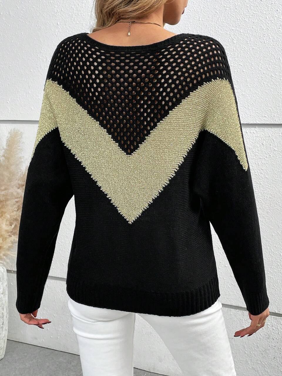 Colorblock Chevron Pattern Pointelle Knit Drop Shoulder Sweater