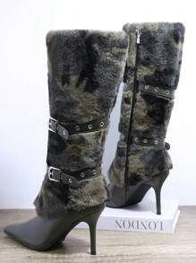 SHUZIA Camo Pattern Fuzzy Buckled Knee-High Boots - Multicolor - View 5