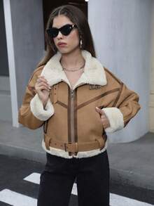 SHEIN Unity Teddy Lined Zip Up Buckle Detail Drop Shoulder Jacket - Khaki - View 3