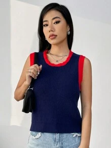 SHEIN Unity 拼接邊毛衣背心不帶襯衫 - 藏蓝色 - 查看 3