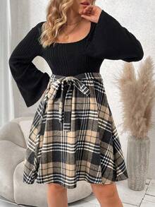 SHEIN Franclia 大碼格紋印花繫腰帶洋裝 - 卡其色 - 查看 6