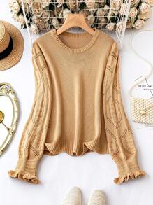 SHEIN LUNE Plus Solid Frill Trim Sweater Knit Pullover Fall Winter Sweater - Khaki - View 1