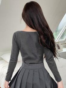 DAZY 純色扇貝邊保暖內衣上衣 - 灰色 - 查看 4