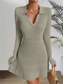 SHEIN Essnce 素色條紋針織毛衣洋裝 - 綠色 - 查看 1