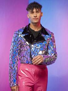 FeverCity Men Holographic Geo Biker Jacket - Pink - View 3