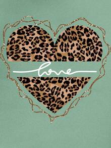 SHEIN Essnce Đồ họa Trái tim & Chữ cái Túi kangaroo Dây rút Hoodie - Màu xanh Bạc hà - Xem 5