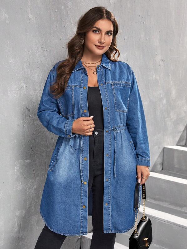 SHEIN ICON Veste En Jean Grande Taille À Cordon De Serrage À La Taille Et Boutons-pression À L'avant