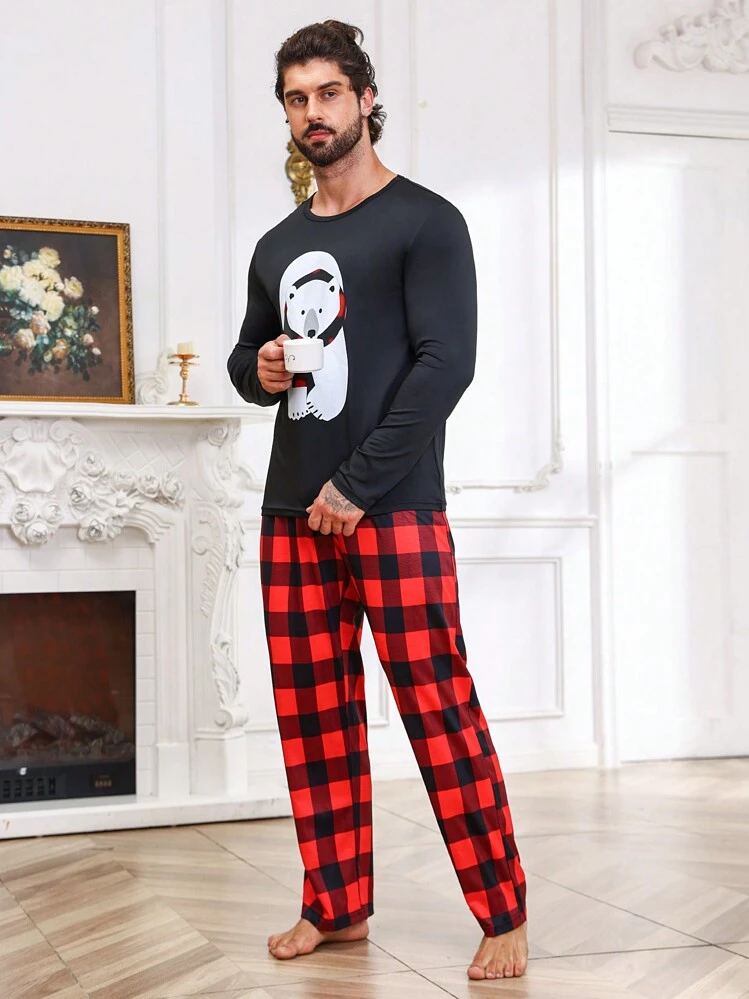Men Bear Print Tee & Buffalo Plaid Pants Loungewear PJ Set / Pajama Set, Christmas - Black - View 4