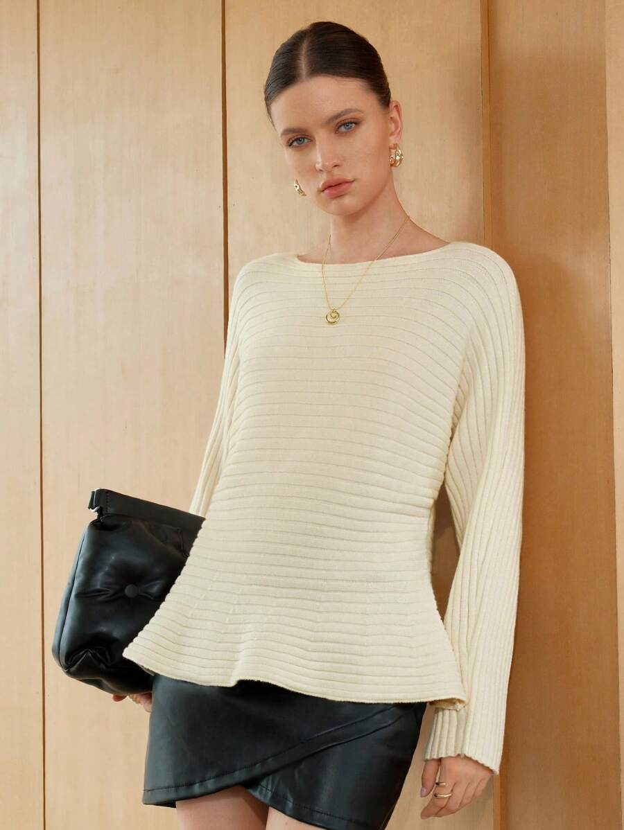 Anewsta Áo len cổ thuyền tay cánh dơi dệt kim mùa thu đông - Màu be - Xem 1