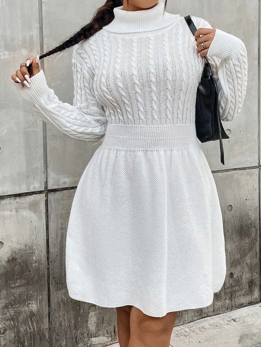 Flirla Plus Turtleneck Cable Knit Sweater Dress - White - View 1
