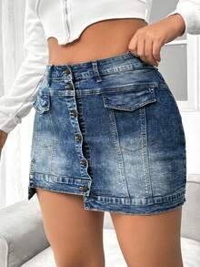 SHEIN EZwear 大碼前紐扣翻蓋細節牛仔半身裙 - 藍色 - 查看 4