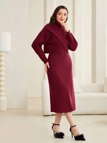 Mulvari 勃艮第红色高领粗针织毛衣和毛衣连衣裙 - 酒紅色 - 查看 4